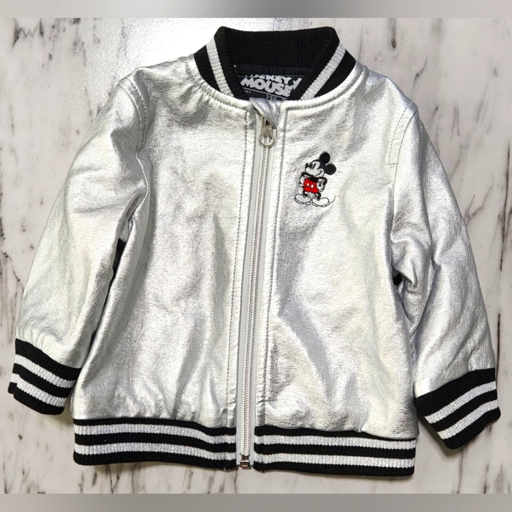 Disney baby Mickey Mouse silver metallic bomber jacket size 3-6 months